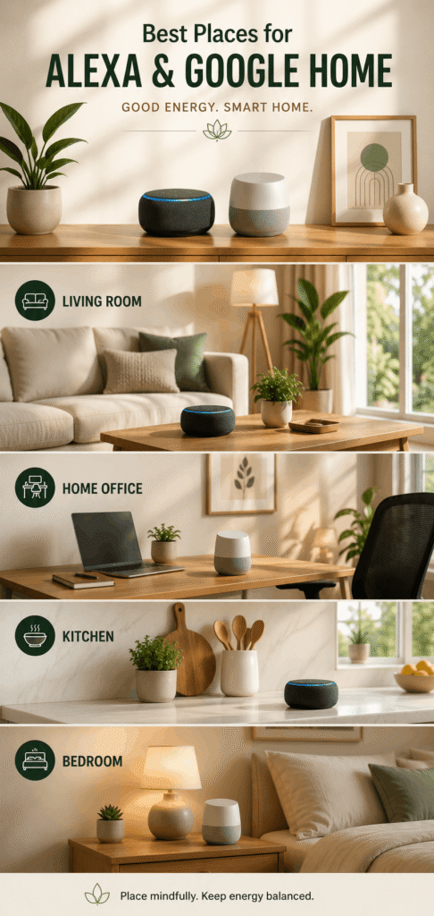 Best Feng Shui placement ideas for Alexa and Google Home in the living room, office, kitchen, and bedroom