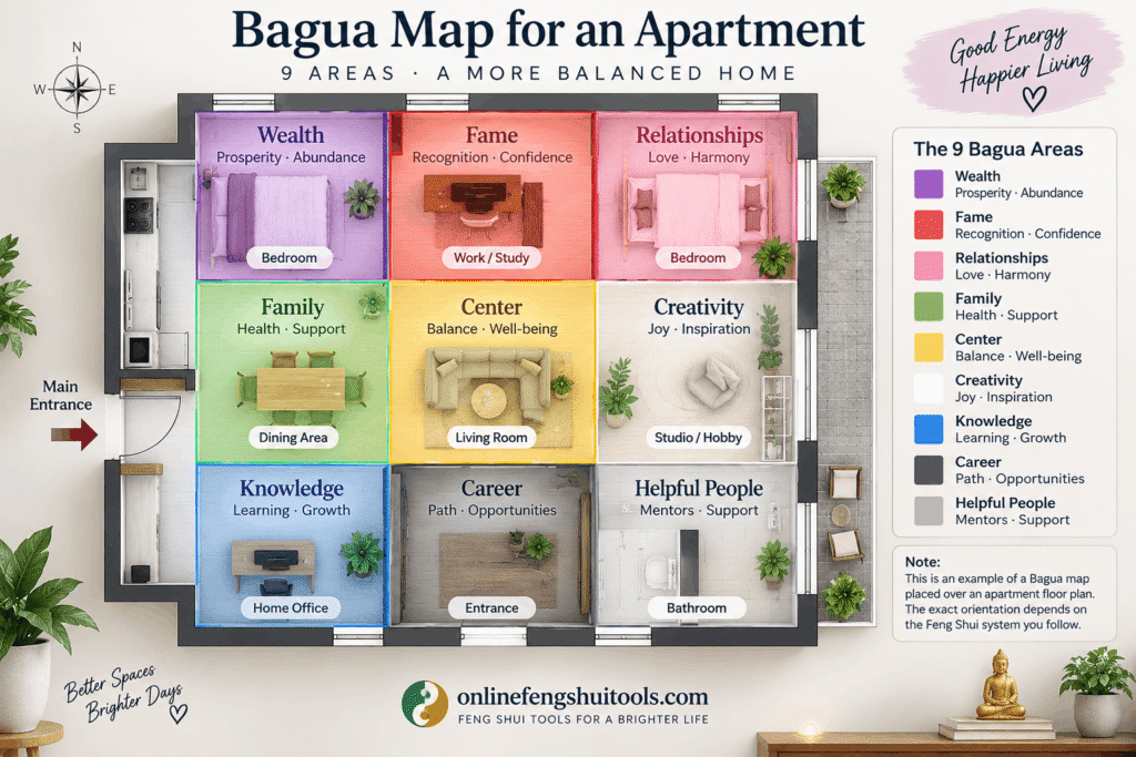 bagua map for apartment floor plan showing nine feng shui areas