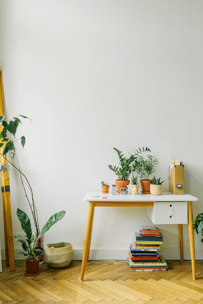 A contemporary desk setup with potted plants, books, and modern furniture indoors.
